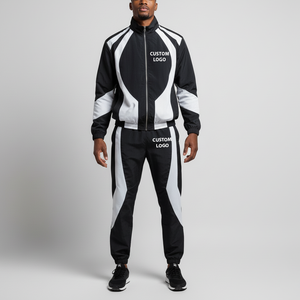 Costumes d'hiver à logo personnalisé en coton uni pour le jogging et le patchwork coupe-vent avec fermeture éclair et bloc de couleur pantalons de streetwear de coupe normale survêtements pour hommes - Product Image 4