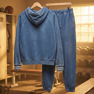 Ensemble de survêtement vintage personnalisé en gros, short à genoux uni, lavage à l'acide, délavé au soleil, lavage minéral bleu, sweat-shirt à manches raglan, jogging, 100% coton - Product Image 4