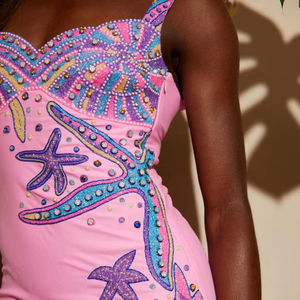 Robe de soirée sirène mi-longue sans manches à col rond ornée de sequins et de cristaux, anti-plis et écologique pour femme - Product Image 1