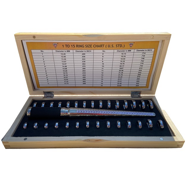 US Standard 1-15 Finger Ring Size Gauge New Metal Mandrel Stick with Rubber Grip and Superior Wooden Box