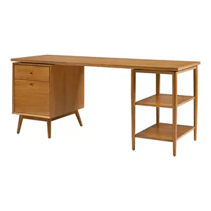模块化实心柚木办公桌，带搁板和抽屉，适用于本世纪中叶风格的家庭办公家具