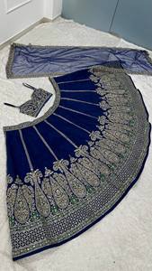 Blue Embroidered Silk <b>Lehenga</b> Choli Zari Work Slim Fit Crop Top Halter Neck Floor Length <b>Skirt</b> Traditional Indian Wedding Wear - Product Image 5