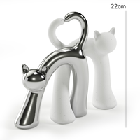 Objeto Decorativo de Cerámica Artística Contemporánea Hecho a Mano con Patrón de Animales, Tema de Gatos, 25 cm, Plateado y Blanco, para Mesa, Día de San Valentín