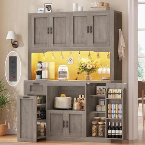 Meuble de cuisine moderne avec prises électriques et éclairage LED, support pour micro-ondes, bar à café et vitrine - Product Image 1