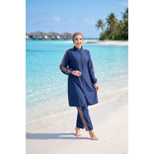 Maillot de bain trois pièces modeste bleu marine à imprimé léopard avec fermeture éclair, style burkini, avec soutien-gorge push-up et pantalon, pour la plage et la baignade - Product Image 1
