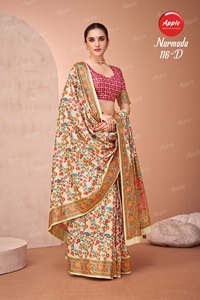 Saris de seda pura Dola con posición Jari Placement Print Sari de seda estampado elegante para ropa de boda festiva y saris de diseñador - Product Image 4