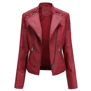 Jaket kulit tiruan untuk wanita, jaket Moto pengendara sepeda Motor dengan kerah dan ritsleting, jaket pendek Punk untuk wanita