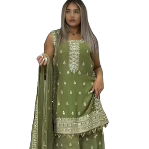 2025 lourd Faux Georgette avec broderie 5 mm séquence fantaisie Latkan travail Kurti & Plazzo avec Dupatta ensemble pour fête spéciale - Product Image 1