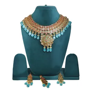 Royal kundan ชุดสร้อยคอเจ้าสาวสีฟ้าอ่อนประดับเพทายชุบทองเครื่องประดับที่ดีสำหรับงานแต่งงานเป็นของขวัญ - Product Image 2