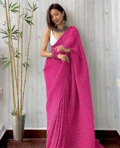 Pink Indian Saree Bollywood Designer Bandhani Style Digital Printed Exclusive FAncy Latest Georgette Premium Quality Fancy Sari - Product Image 1