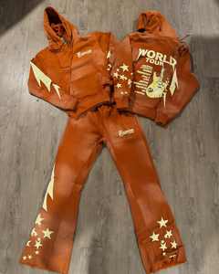 Custom Applique Distressed <b>Patch</b> Embroidered Acid Washed Crop Hoodie Set Flared Stacked Tracksuit Sweatsuit Men - Product Image 1