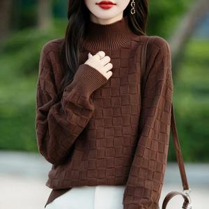 Pull-over en coton 100% pour femme, automne-hiver, nouveau, col demi-haut, motif carré, taille plus, sweat-shirts amples - Product Image 2