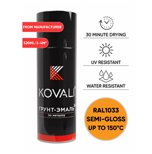 KOVALI 3 in 1 สเปรย์สีรองพื้นแบบละอองฝอยเคลือบป้องกันสนิมป้องกันการกัดกร่อนโลหะไม้กึ่งเงาดาเลียเหลือง RAL 1033 520 มล. - Product Image 1