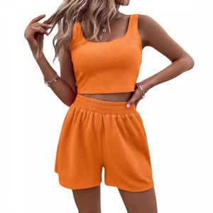 Nouveau été tricoté sans manches ensemble femmes jeunesse mignon couleur unie décontracté Shorts mode deux pièces tenue - Product Image 2