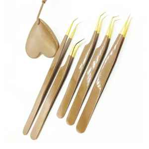 Pinzas de extensión de pestañas con logotipo personalizado, herramientas de extensión de pestañas con punta dentada de acero inoxidable ligero recubierto de Color marrón - Product Image 4
