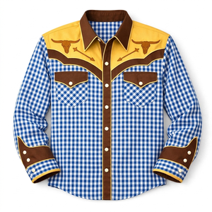 Camisa Vaquera Unisex de Manga Larga con Bordado Floral, Estilo Rodeo, Cierre de Botones, Corte Ajustado, Ribete en Contraste, 100% Algodón - Product Image 1