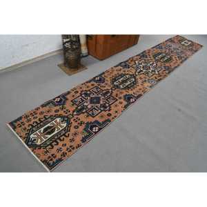Turkish Vintage Patchwork Rug 2x12.2 ft (61x372 Cm) <b>Brown</b> Bordered <b>Wool</b> with Latex Backing Eco-Friendly - Product Image 4