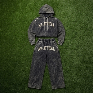Custom Women Acid Wash Black Cropped Hoodie <b>Wide</b> <b>Leg</b> <b>Jogger</b> Set Cotton Fleece Streetwear Tracksuit OEM Wholesale - Product Image 5
