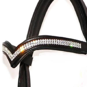 Banda para cejas de caballo de cuero inglés negro acolchado doble en forma de V profundo con brillantes cristales multicolores de diseñador banda para cejas ostentosa - Product Image 6