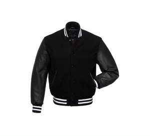 Veste Letterman en laine personnalisée pour hommes en cuir véritable de style universitaire en noir avec logos brodés de couleur rouge étiquettes patchs - Product Image 5