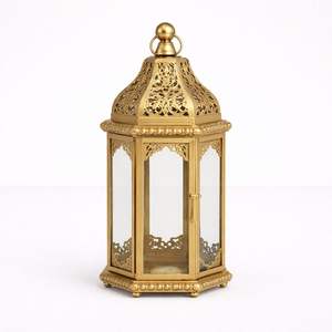 Premium Gold Metal Lantern with Glass Panels <b>Moroccan</b> Cut Design Elegant Candle Holder for Luxury Festive Home <b>Decor</b> - Product Image 1