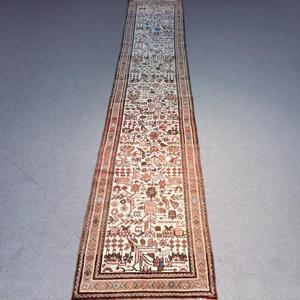 0.2x12 ft Runner Vintage Rug, Turkish Rug, <b>Brown</b> White Floral <b>Wool</b> Rug - Product Image 1