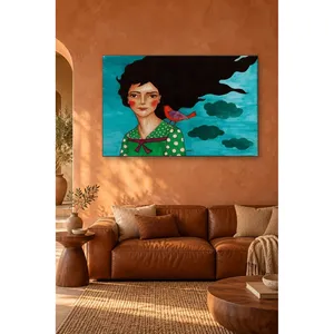 Fida Girl avec des cheveux ondulés dans un ciel turquoise et un oiseau rouge, impression sur toile - Product Image 4