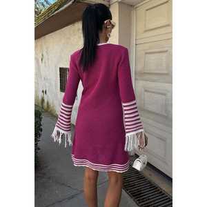 เดรสทรงเอไลน์ถักนิตติ้ง รุ่น 2849 แขนเสื้อพู่ห้อย ปิดด้วยกระดุม แต่งดีเทลสีตัดกันอย่างมีสไตล์ - Product Image 5