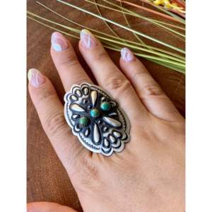 <b>Leander</b> Tahe Royston Turquoise Sterling Silver Concho Ring Bezel Set Geometric Adjustable Size 7.75 - Product Image 2