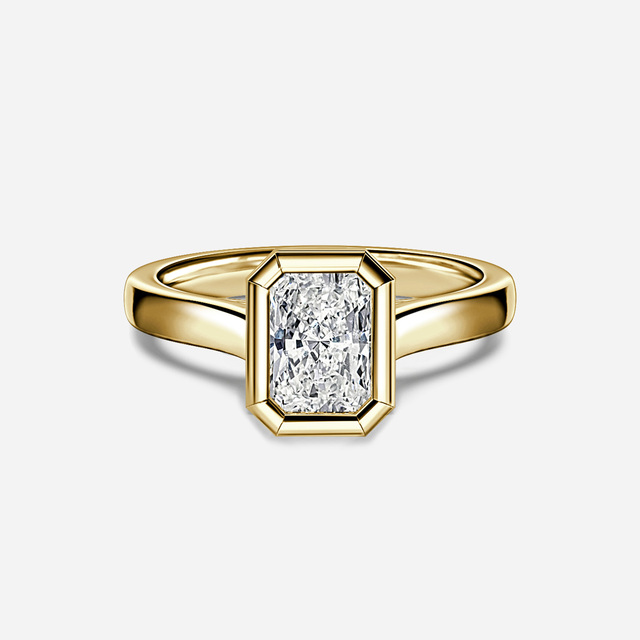 Unique East to West Radiant Cut Bezel Set Lab Grown Diamond Engagement Ring Radiant Cut Diamond Ring Yellow Gold Wedding Ring