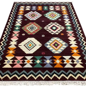 Alfombra Dhurrie Kilim de Lana Tejida a Mano con Patrón Geométrico, Tejido Plano, Uso para Ejercicio, Hecha por Artesanos - Product Image 1