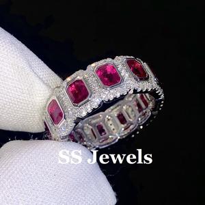 925 Silver Emerald Cut Moissanite Eternity Band <b>Rings</b> with VVS Halo Custom Unisex <b>Iced</b> Wedding Jewelry Rhodium Plated Prong Set - Product Image 3