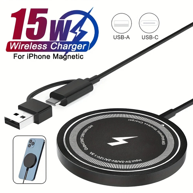 15W Magnetic Wireless Charger Pad Fast Qi Charging Station with USB-A & Type-C Dual Cable