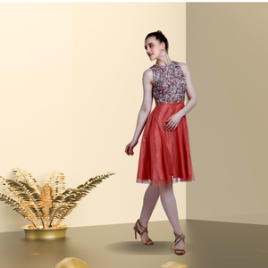 Robe de soirée chic pour femme, jupe corail, haut orné de paillettes, sans manches, broderie tendance, décoration naturelle - Product Image 2