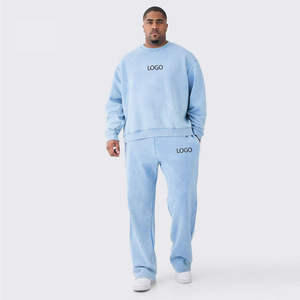 Ensemble 2 pièces élégant pour homme en coton molletonné bleu délavé respirant, sweat-shirt à col rond et jogging, taille plus, survêtement d'hiver - Product Image 1