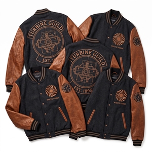 Blouson universitaire personnalisé en laine marine avec manches en cuir blanc cassé et broderie horlogère style horloge de grand-père - Product Image 5