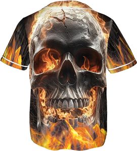 Camiseta de béisbol de manga corta con gráfico de calavera de llama de los hombres con nombre personalizado ropa deportiva transpirable con cierre de botón - Product Image 3