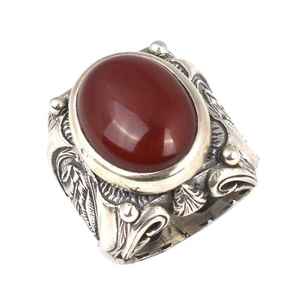 Anillo de Plata de Ley 925 para Hombre, Hecho a Mano, con Piedra de Ágata Roja Ovalada, Patrón Geométrico, Baño de Rodio, 24gr - Product Image 2