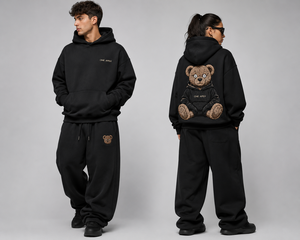 Tuta con Cappuccio <span class=keywords><strong>One</strong></span> <span class=keywords><strong>Apex</strong></span> Nera, Oversize con Ricamo Orso Teddy, Streetwear Unisex per Adulti, Abbigliamento Autunnale - Product Image 1