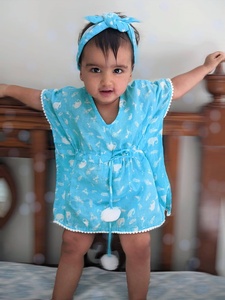 Lindo Vestido Kaftan de Algodón a Cuadros Azules con Manga Murciélago, Ecológico y Transpirable, Estilo Playero para Niñas, Ropa de Verano - Product Image 2