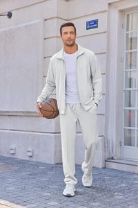 Ensemble de survêtement décontracté d'hiver pour homme blanc, 2 pièces, survêtement athlétique à fermeture éclair intégrale, ensemble de jogging imprimé jacquard, vestes et pantalons - Product Image 2