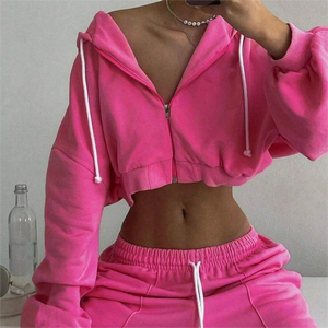 Femmes respirant coupe décontractée Crop sweat à capuche zippé taille basse Baggy pantalon survêtement Logo brodé tissu éponge Sexy ajusté hiver - Product Image 2
