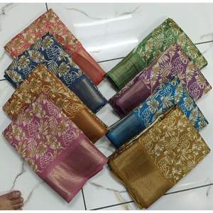 Saris en coton doux imprimés numériques de qualité supérieure avec des motifs chevrons modernes et des bordures Zari Couleurs vives assorties - Product Image 1