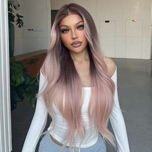 Galinda-DWY for Ombre Pink <b>Brown</b> Tresses Wavy Synthetic <b>Wig</b> Transparent Front 136 Free Part Front Free Part Ombre Pink <b>Brown</b> - Product Image 6
