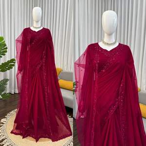 ชุดส่าหรีจอร์เจตต์ดีไซน์เนอร์สุดอินเทรนด์จากอินเดีย พร้อมเสื้อคลุมสุดพิเศษ คุณภาพพรีเมียม สำหรับงานแต่งงาน งานเลี้ยง และงานพิธีต่างๆ - Product Image 6