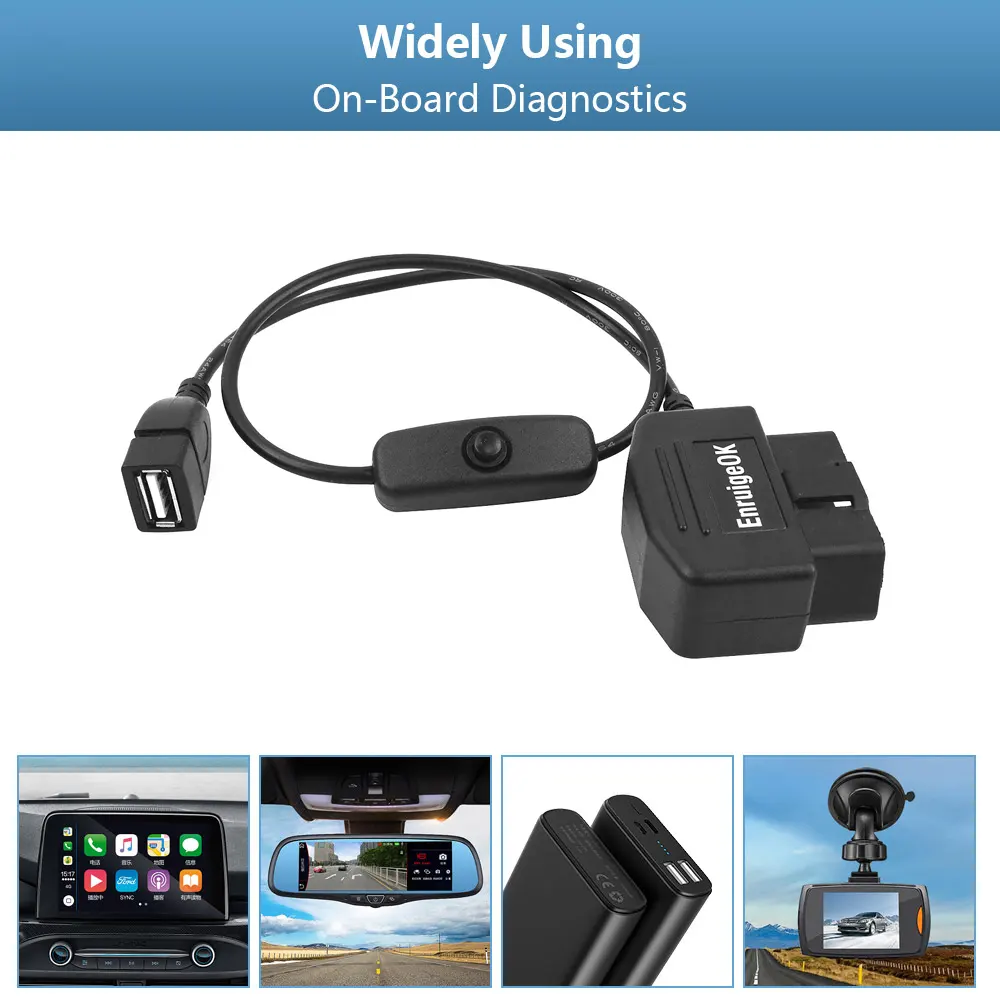 OBD2 ke USB Female Port Power Adapter OBDII kabel pengisi daya dengan tombol saklar untuk mobil Dash Cam GPS Camcorder kendaraan DVR telepon