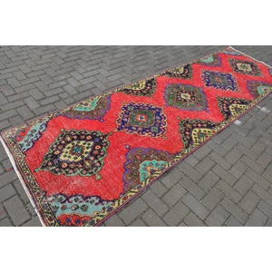 Alfombra Turca de 3.5x11.9 pies (106x364 cm), Alfombra Vintage con Cuadros Rojos - Product Image 2