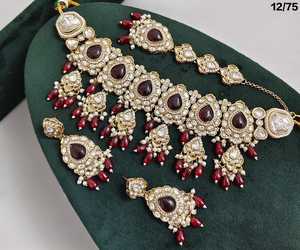 Chapado en oro antiguo hermoso impresionante Kundan cristal colgante gota gargantilla boda collar joyería con pendientes y Mangtika mujeres - Product Image 4