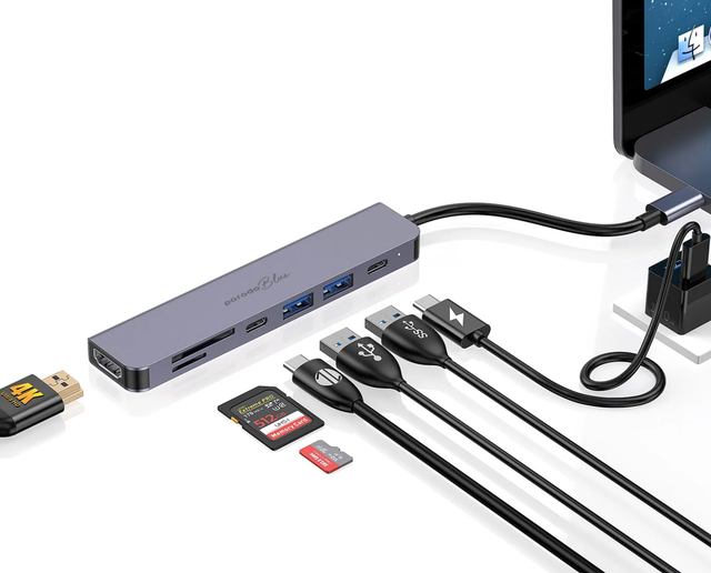 Porodo 7-Port USB-C Hub Blue 4K Dual USB-A Compatible with USB 2.0 Interface For &