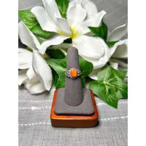 Navajo Handmade <b>Statement</b> <b>Ring</b> Spiny Oyster & Platinum Bezel Setting Featuring Coral Turquoise Inlay Size 6.75 Everyday Wear - Product Image 1